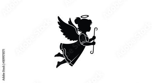 Silhouette of an angel playing a violin depicted in a minimalist style
