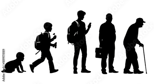 Human life cycle stages silhouette progression from baby to elderly person.