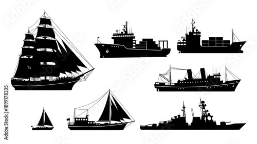 Ocean Ship Silhouette Vector Set: Cargo Container, Cruise Liner, Ferry & Maritime Transport Icons