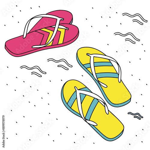 Colorful flip flops on a sandy beach