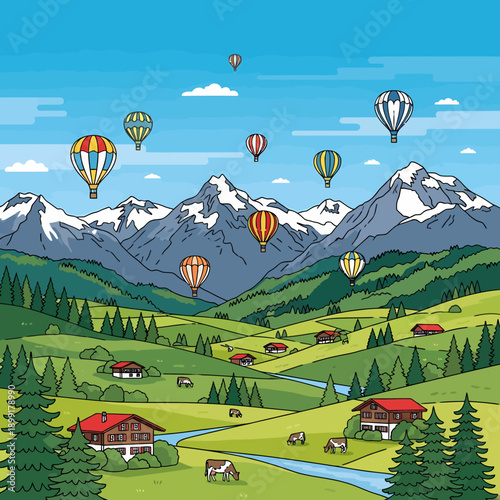 A picturesque cartoon landscape with hot air balloons, snow-capped mountains, green valleys, traditional houses, and grazing cows under a blue sky.
