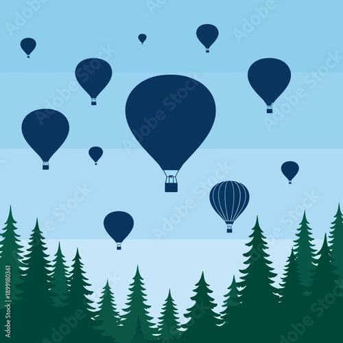 Blue hot air balloons floating peacefully above a dense green pine forest under a clear sky, vector illustration.