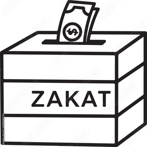 Zakat donation box illustration with paper currency bill being inserted into slot representing islamic charity and religious obligation