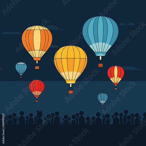 Colorful hot air balloons floating in a dark night sky above a silhouetted crowd watching a festival.