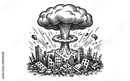 Nuclear Explosion Mushroom Cloud Destroying City Skyline Sketch