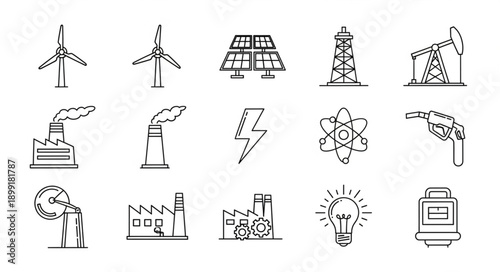 Collection of energy industry icons and symbols in sketch style.