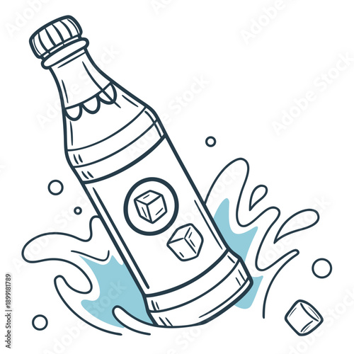 Illustrated bottle of soda with ice cubes