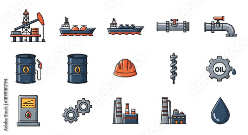Collection of industrial oil and gas industry icons and symbols.