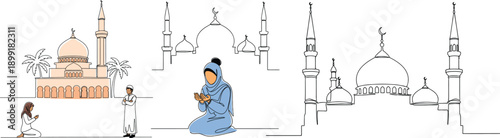 Islamic architecture and people in a cartoon style illustration high quality