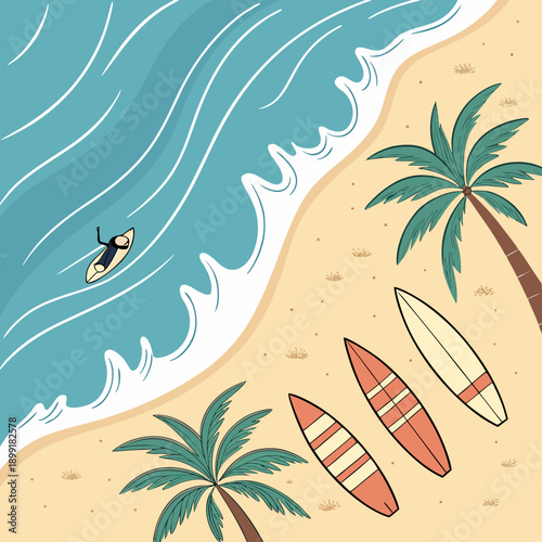 Tropical beach surfing scene