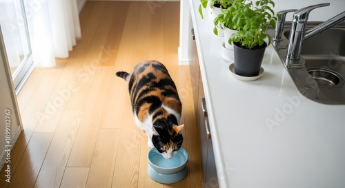 Calico Cat Drinking Water from Blue Bowl in Modern Kitchen