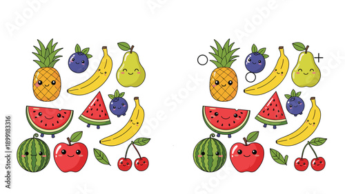 Educational spot the difference game for kids featuring cute cartoon fruits like pineapple, banana, apple, and watermelon.
