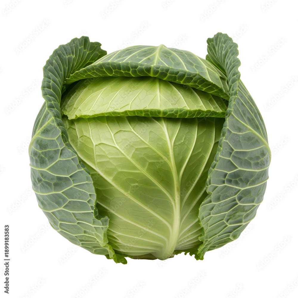 Obraz premium Green cabbage with curled leaves, vegetable for cooking or salad, Isolated, png isolated on Transparent Background
