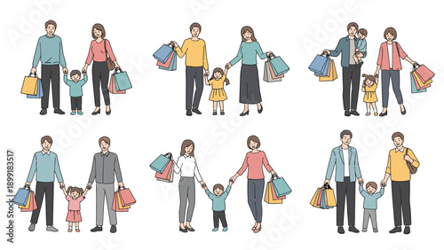 Collection of various families including fathers, mothers, and children carrying shopping bags in isolated illustrations.