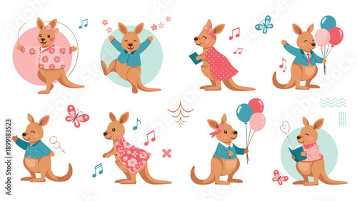 Adorable kangaroo characters in various poses wearing cute outfits and holding books, balloons, or jumping with ropes.