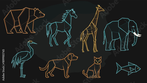 Collection of elegant geometric animal silhouettes on a dark background featuring a bear, horse, giraffe, and elephant.