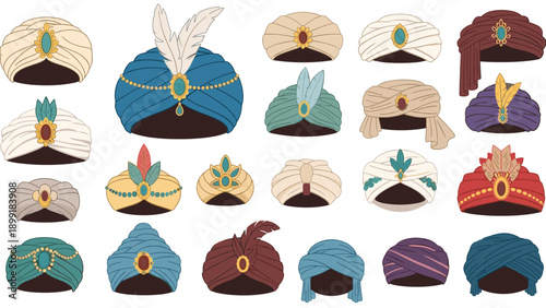 Illustration set of traditional turbans from different cultures featuring colors, patterns, and decorative elements like feathers and gems.