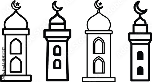 Four stylized islamic mosque minaret illustrations in black and white