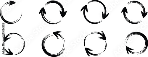 Collection of eight black circular arrows with brush stroke effect on white background cycle loop refresh
