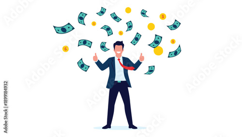 Happy businessman standing with thumbs up while banknotes and coins are falling from the sky on white background.