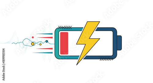 Battery charging icon with a yellow lightning bolt and digital wave patterns represents power management and energy levels.