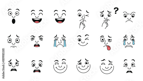 Extensive collection of various cartoon facial expressions representing different human emotions and moods.