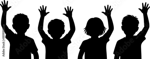 Four children silhouettes raising hands up on white background kids waving