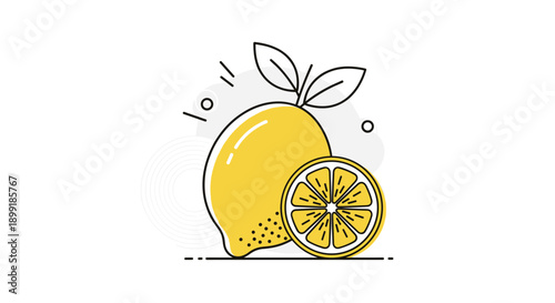 Cheerful illustration of a whole yellow lemon and a cross section slice with green leaves on white background.
