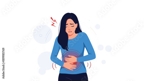 Concerned woman holding her abdomen and experiencing severe stomach ache, cramps, or digestive issues represented with circular pain symbols.