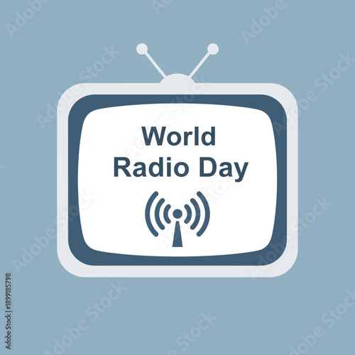 Television screen displays World Radio Day logo with antenna on blue background