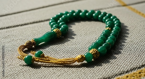 Ornate Green Jade Islamic Prayer Beads Tasbih with Decorative Golden Accents on Neutral Textile Background
