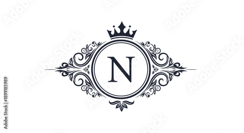 Elegant monogram logo with letter N enclosed in an ornate floral frame topped with a royal crown in navy blue.