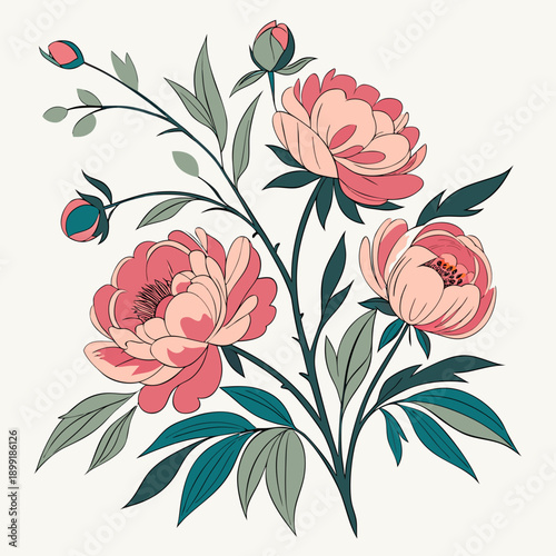 Illustration of pink peonies with green leaves