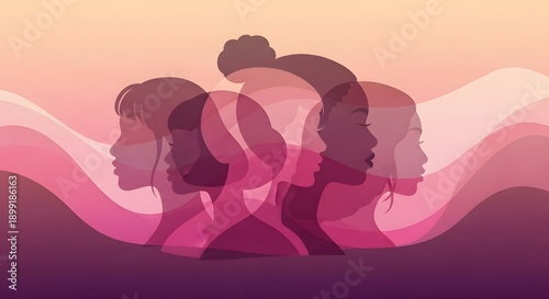 Overlapping silhouettes of diverse women profiles. Multiethnic inclusion and female unity concept. Artistic faces representing intersectional feminism and sisterhood