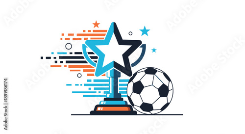 Dynamic sports icon with a star shaped trophy cup and a soccer ball for football player championship awards.