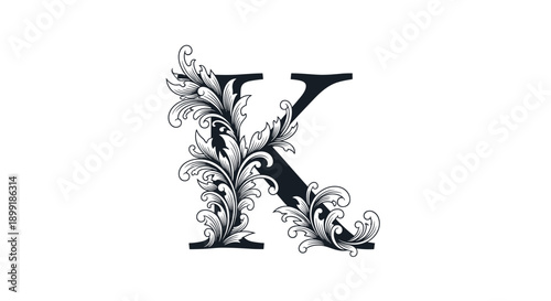 Ornate capital letter K featuring complex vintage scrollwork and leaf patterns serves as a luxury monogram for classic branding projects.