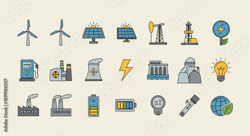 Collection of energy and industry icons including wind turbines solar panels and factories.