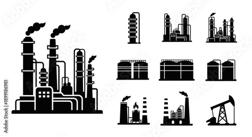 Industrial factory and oil rig icons set.