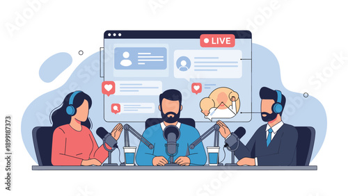 Group of three podcast hosts records a live session with professional microphones and headsets using an interactive online platform.