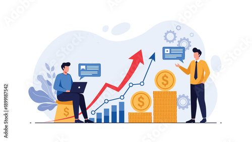 Two business professionals analyzing a financial growth chart with a rising red arrow and stacks of gold coins representing profitable investments.