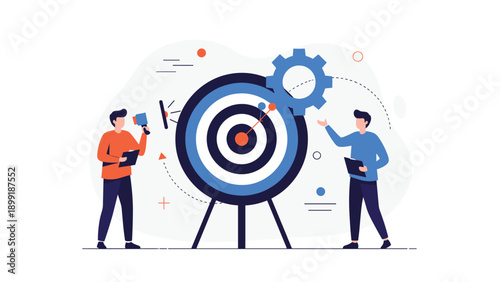 Business team members collaborating on a project by setting goals around a giant target board with a blue gear icon symbolizing strategy.