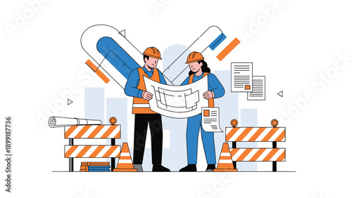 Two construction architects wearing hard hats and safety vests while reviewing a large building blueprint at an urban construction site.