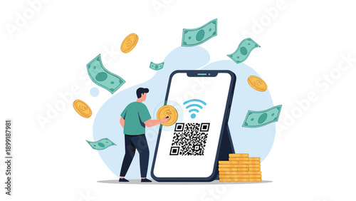 Digital mobile payment concept featuring a person using a smartphone QR code to make a secure wireless transaction for money.