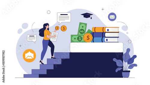 Concept of educational investment and career growth showing a woman climbing a staircase of books towards success and wealth.
