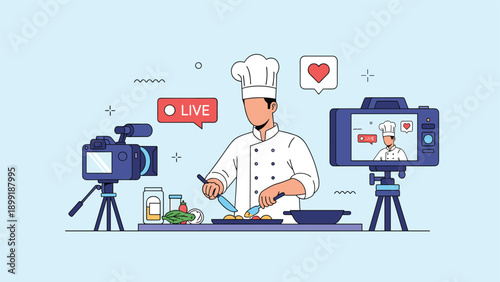 Professional chef filming a live cooking demonstration for social media while preparing a gourmet meal in a modern kitchen studio.