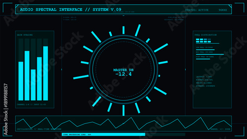 Futuristic audio spectral interface with real-time waveform and frequency distribution data display