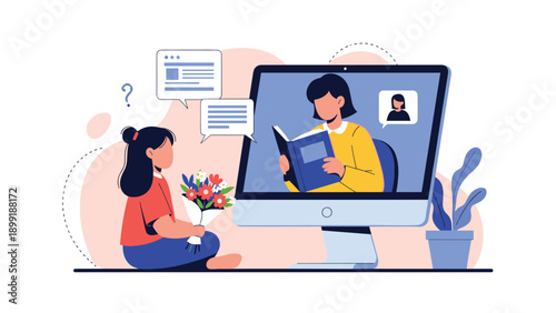 Remote learning and online education concept featuring a young student listening to her teacher reading a book via video call.