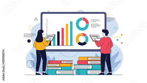 Data analysts collaborating on business performance reports and growth charts using a large interactive screen in modern office.