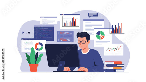 Focused analyst works at a computer desk while surrounded by multiple digital windows displaying complex data and charts.