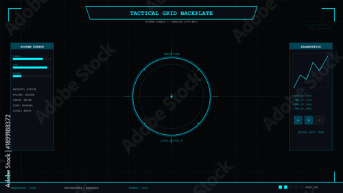 Futuristic tactical heads-up display interface showing system status, diagnostics, and targeting reticle on a dark grid background